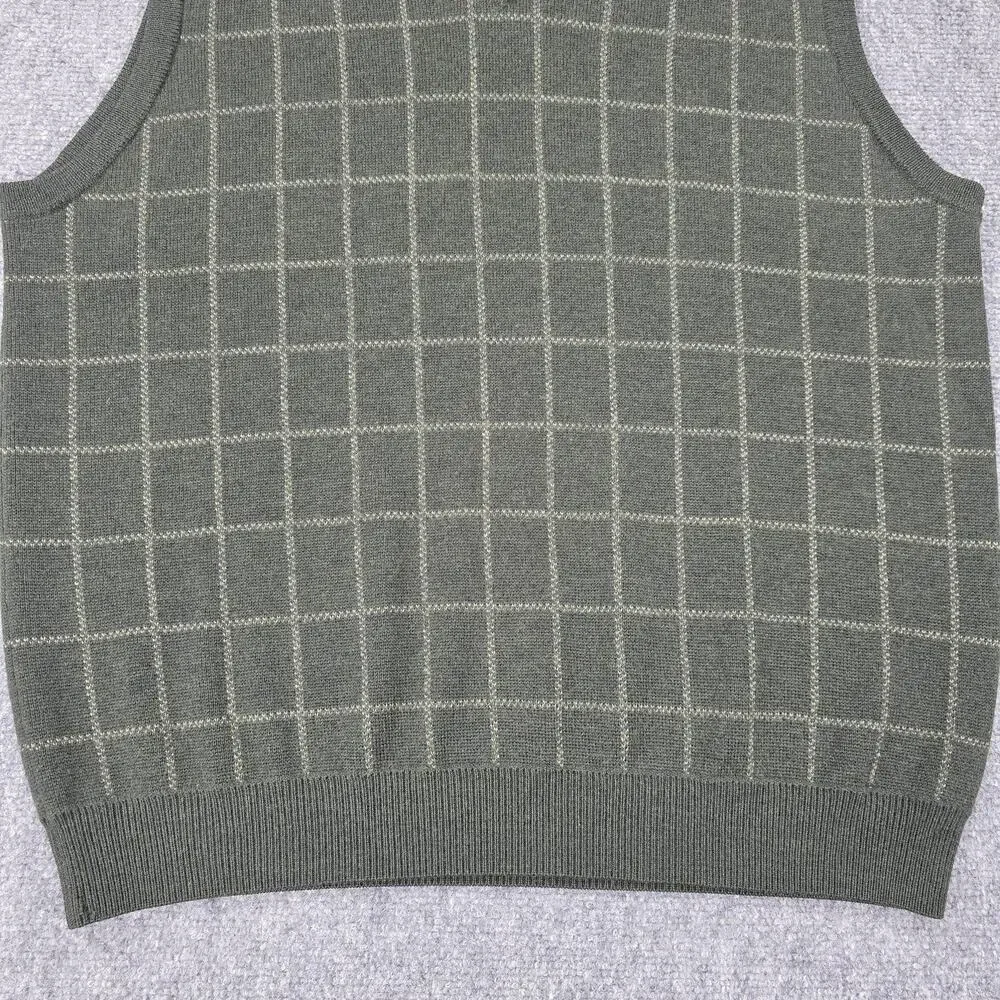 Brooks Brothers Sweater Vest Mens Large Green Windowpane Merino Wool Knit VTG HK
